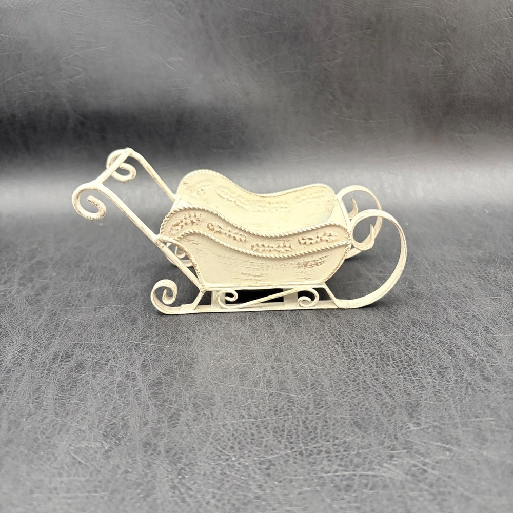 Vintage Style Distressed Cream Metal Christmas Sleigh Tabletop Decor 6.5in
